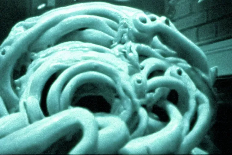 Image similar to scary filmic closeup color ground level angle movie still 35mm film color photograph of a shape shifting abstract alien organism from The Thing 1982 spewing swirling slimey tendrils inside of a child's bedroom, in the style of a horror film