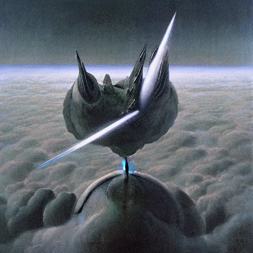 Prompt: Zdzisław Beksiński painting of orbital warfare