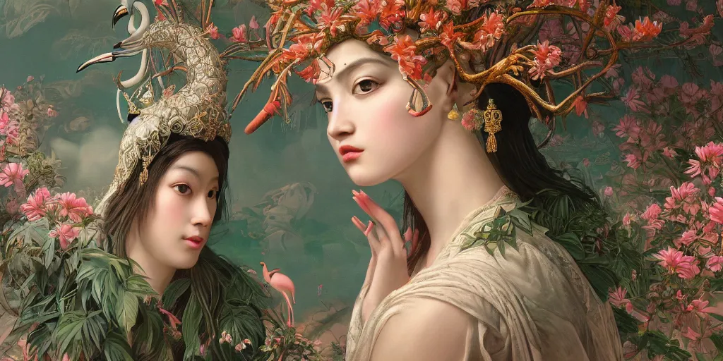 Image similar to breathtaking detailed concept art painting of the goddess of flamingo, orthodox saint, with anxious, piercing eyes, ornate background, amalgamation of leaves and flowers, by Hsiao-Ron Cheng and John James Audubon, extremely moody lighting, 8K