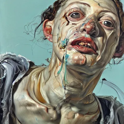 Image similar to high quality high detail painting by lucian freud and jenny saville, hd, madness, turquoise