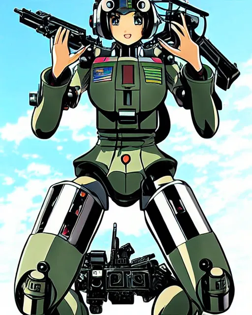 Image similar to Anime girl is mecha pilot; dressed in military uniform. Anime by mike deodato, Studio Ghibli, anime art, manga