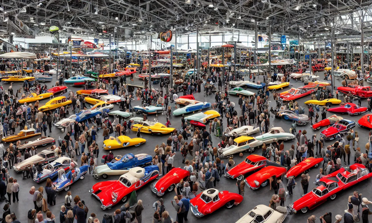 Image similar to exhibition hall full of restomods cars, plants and observing crowd people, high detail, colorful image, small features, from new movie by digital domain and weta digital, strong ambient occlusion