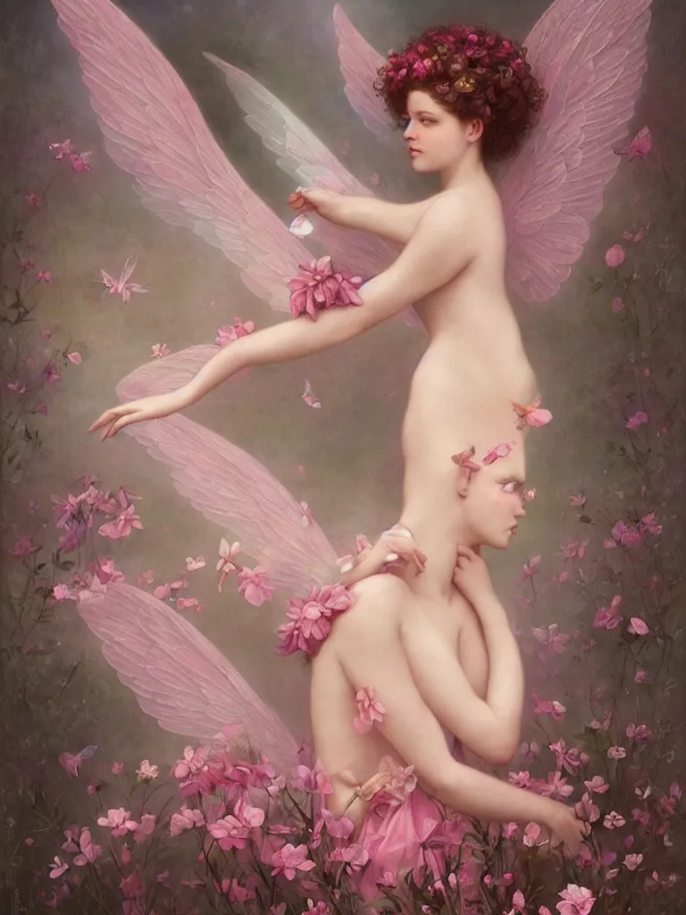Prompt: one pink fairy with large wings exploring her lonely flower garden by herself in the style of tom bagshaw, william bouguereau, extremely detailed, muted colors, symmetrical face, large eyes, beautiful face
