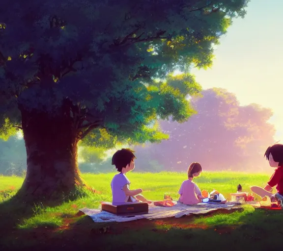 Prompt: a wholesome animation key shot of a girl and boy sitting together under a tree, having a picnic, boy and girl!!, studio Ghibli, Pixar and Disney animation, sharp, very detailed, high resolution, by Raphael LaCoste and Ruan Jia and Robert McCall, postcyberpunk, geodesic, hyperdetailed, sunrise, wide shot, autochrome, octane render, inspired by Hayao Miyazaki, anime key art by Greg Rutkowski, Bloom, dramatic lighting