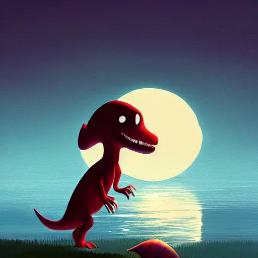 Image similar to cute dino in lake under big full moon, painting by Goro Fujita and pascal campion, sharp focus, simon stahlberg, highly detailed, ArtStation