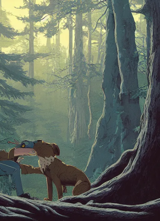 Prompt: Portrait of Michael Shannon discovering a Furry in the woods, poster artwork by Michael Whelan, Bob Larkin and Tomer Hanuka, from scene from Twin Peaks, simple illustration, domestic, nostalgic, from scene from Twin Peaks, clean, full of details, by Makoto Shinkai and thomas kinkade, Matte painting, trending on artstation and unreal engine