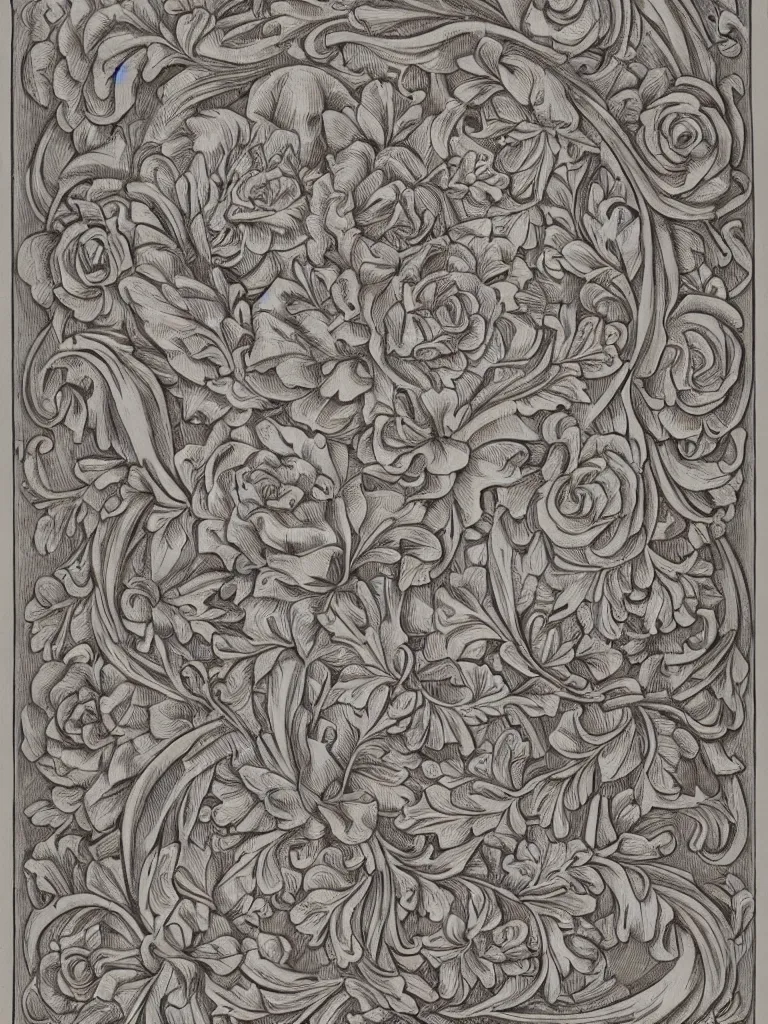 Prompt: beautiful decorative ornament with classical floral elements emanating from center of design, decorative design, classical ornament, motif, bilateral symmetry, roses, leaves, flowers, buds, flowering buds, negative space, highly detailed etching,