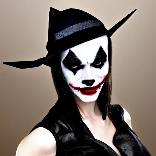 Prompt: a cat wearing a black leather hat in joker makeup, frontal view, cool looking