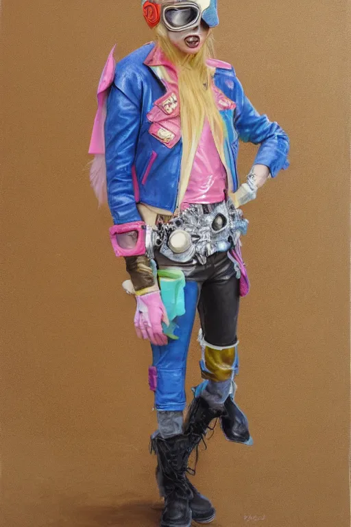 Prompt: a character wearing a diy! costume leather jacket, punk, with pastel colored details and a transparent helmet, full body, muted colors, vivienne westwood, nausicaa, hyper real acrylic painting