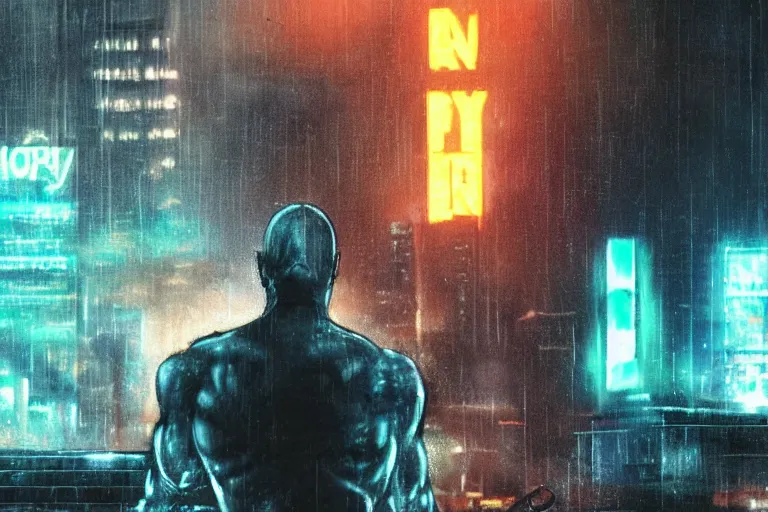 Image similar to roy batty with a bare torso sits in the lotus position with his head bowed in the rain on the roof of a building in the cyberpunk future, around neon signs, a little haze, night, realistic proportions, anime style ghost in armor