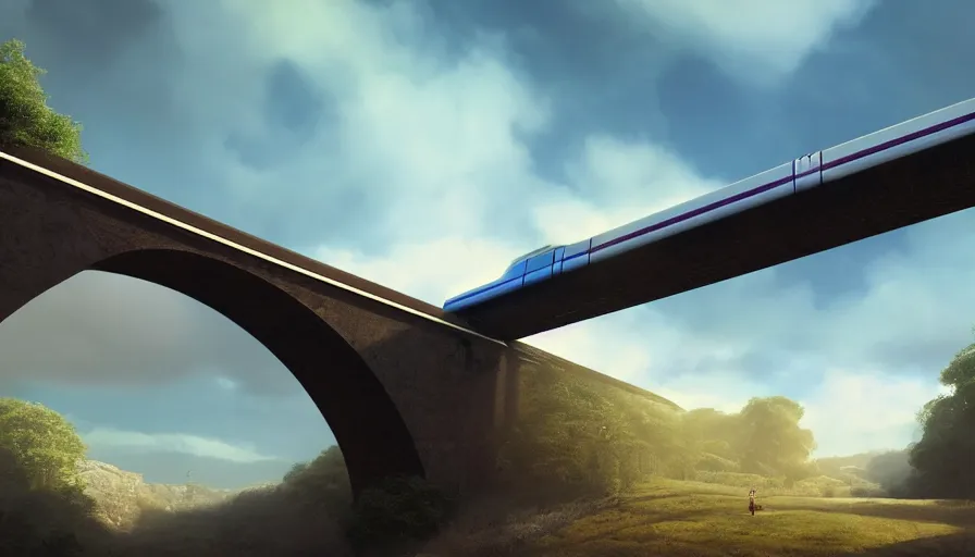 Image similar to futuristic train crossing aqueduct, green hills, matte painting, artstation, sunrise, blue sky