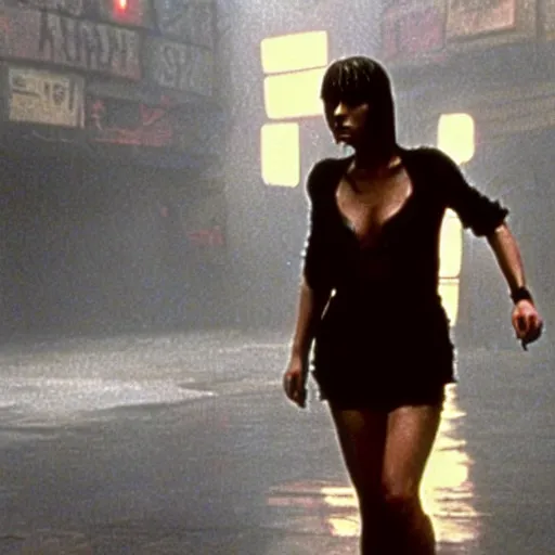 Prompt: ludwika paleta with long wet hair in blade runner by ridley scott, medium shot, dripping water, sexy black shorts, wearing black boots, wearing a cropped top, 4 k quality, highly detailed, realistic, intense, cyberpunk