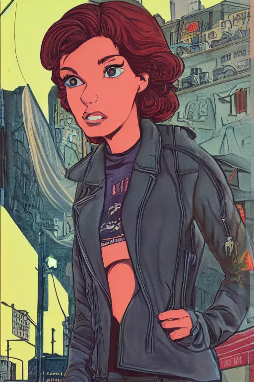 Image similar to portrait of an attractive young female protagonist, center focus, wearing leather jacket, in city street, detailed artwork by ralph bakshi