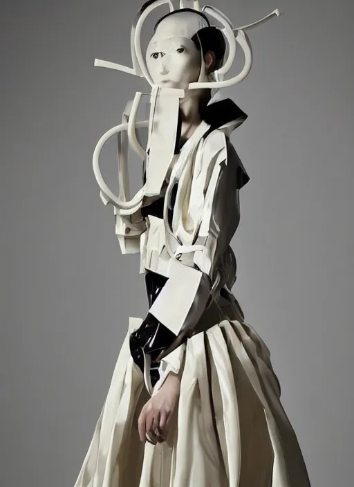 Image similar to a portrait of a model detailed features wearing a cargo latex wedding dress - chic'techno fashion trend lots of zippers, pockets, synthetic materials, jumpsuits. by issey miyake and mitsuo katsui