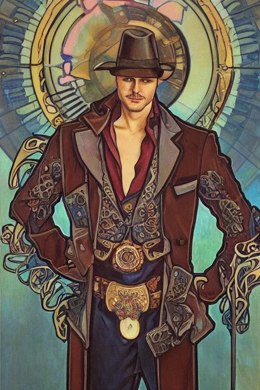 Prompt: a dramatic ethereal epic symmetrical painting of a handsome villainous cowboy standing in front of a steam train locomotive, his shirt is unbuttoned and he has a pocketwatch, tarot card, art deco, art nouveau, ( steampunk ), homoerotic, realistic, by louis comfort tiffany and alphonse mucha, trending on artstation