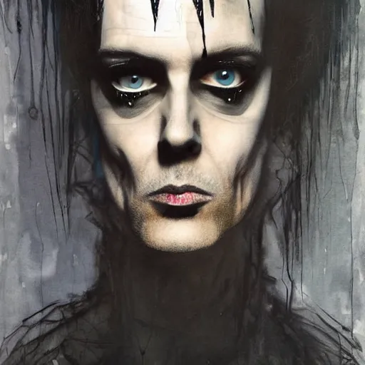 Prompt: stunning portrait of gaunt peter murphy a ( the cure fan ) as dream from sandman, dim stars as eyes, by jeremy mann, by cedric peyravernay, by by russ mills, by richard avedon and ben templesmith, dramatic lightning, sadness, dark eye sockets, in the shadows, punk rock, gothic, high detailed, 8 k