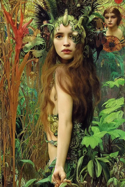 Image similar to realistic detailed portrait of bohemian girl in jungle by denis villeneuve, amano, yves tanguy, alphonse mucha, ernst haeckel, max ernst, roger dean, ridley scott, dynamic closeup