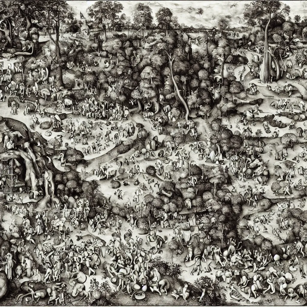 Image similar to garden of eden fountain highly detailed print by pieter bruegel