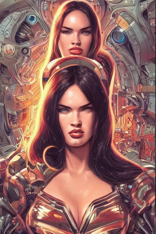 Image similar to young Megan Fox as a ruggedly beautiful retro SCI-FI space heroine 1985 , movie poster, intricate, elegant, highly detailed, centered, digital painting, artstation, concept art, smooth, sharp focus, illustration, art by artgerm and donato giancola and Joseph Christian Leyendecker, Ross Tran, WLOP