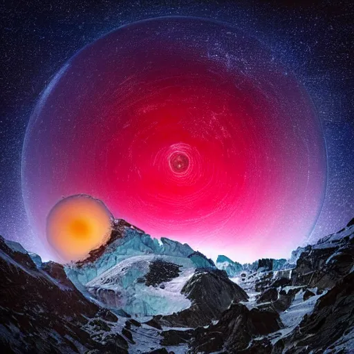 Prompt: A forested valley surrounded by ice mountains at night, a red nebula and orange gas giant with rings in the sky, no clouds, sci-fi, photorealistic