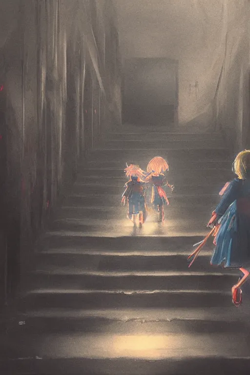 Prompt: a painting of two children with glowing eyes walking down a set of stairs, concept art by sadamichi hirasawa, featured on pixiv, neoplasticism, concept art, demonic photograph, cryengine