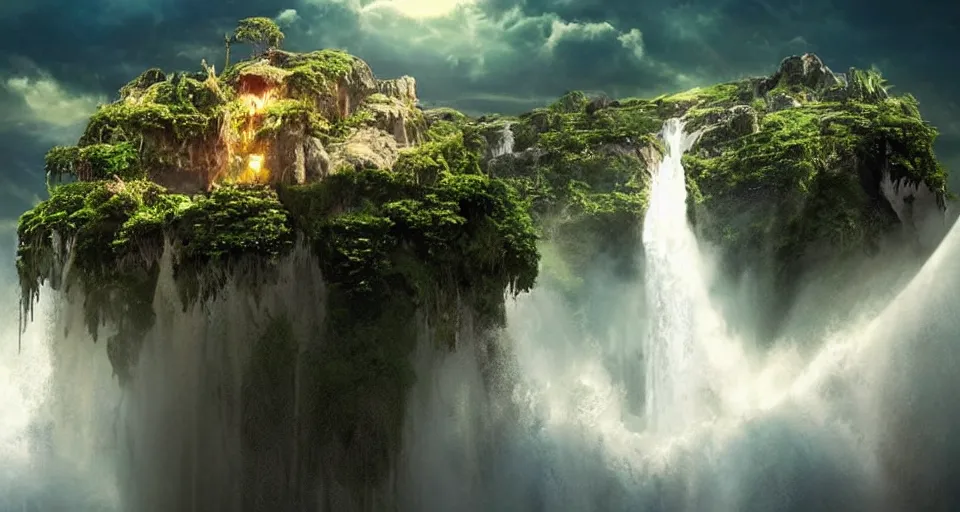 Prompt: A magnificent floating island in the sky above the sea, defying gravity, floating and flying island, waterfall falling down, epic lighting, epic composition, highly detailed