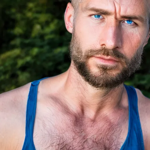 Prompt: close up of face of good looking 4 0 year old slavic blond man with blond stubble, very short wavy blond hair in a short pompadour style, very dark blue eyes, wearing a tank top, hairy shoulders, hairy chest, portrait, 4 k