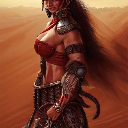 Prompt: Portrait of a strong fierce female berber tiefling barbarian with red skin, straight horns and black hair in a ponytail holding a large scimitar and wearing a steel breastplate in a desert, art by greg rutkowski