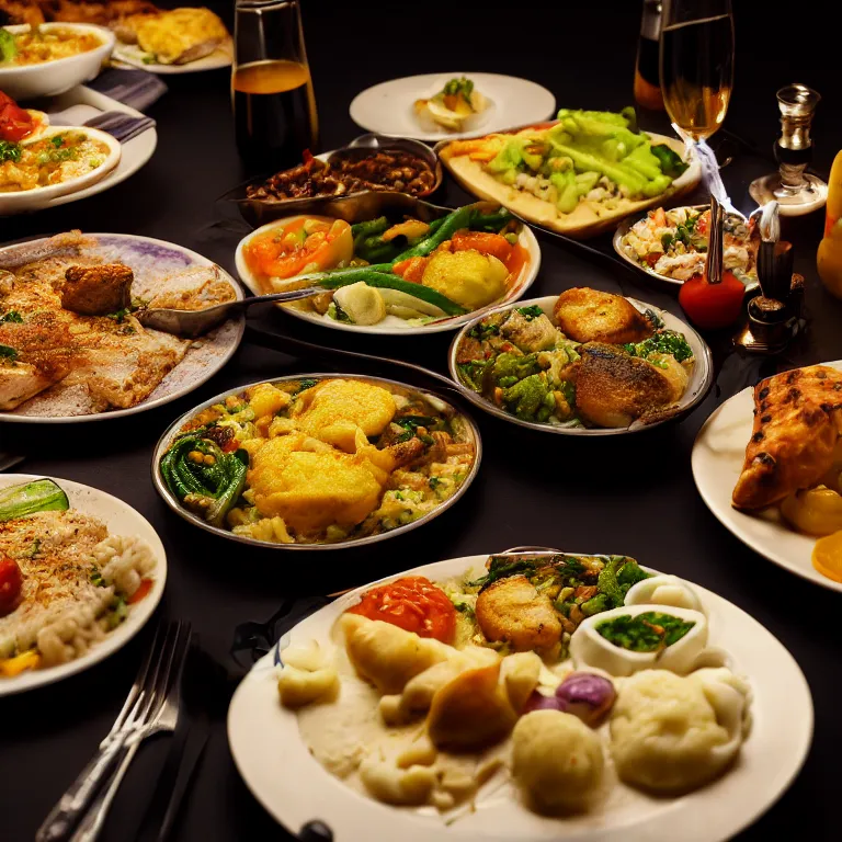 Prompt: close - up focused dslr photograph of an israeli dinner, 8 k, high detail, volumetric lighting, hyperrealism, aesthetically pleasing, studio lighting, trending