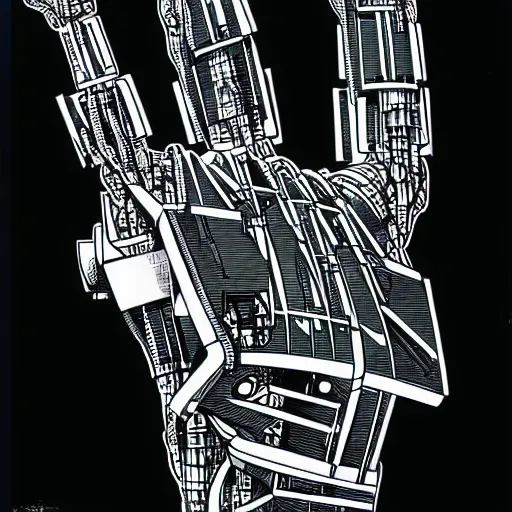 Prompt: cyberborg arm, intricate, veins, by Hugo pratt, ultradetailed