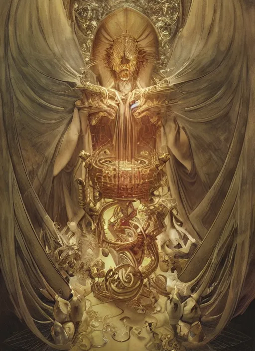 Image similar to album art priest casting divine chest spell, physically accurate, moody dynamic lighting, very very intricate, very very elegant, highly detailed, digital painting, artstation, HR GIGER, Hieronymus Bosch, Francis Bacon, concept art, smooth, very beautiful, sharp focus, illustration, art by artgerm and greg rutkowski and alphonse mucha