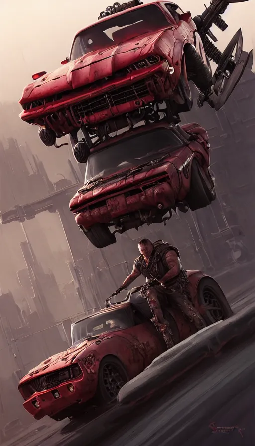 Image similar to road warrior, gemma chan girl, carmageddon, muscle cars, weapons, mad max, blood drive, made by stanley artgerm lau, wlop, rossdraws, james jean, andrei riabovitchev, marc simonetti, yoshitaka amano, beksinski artstation, cgsociety