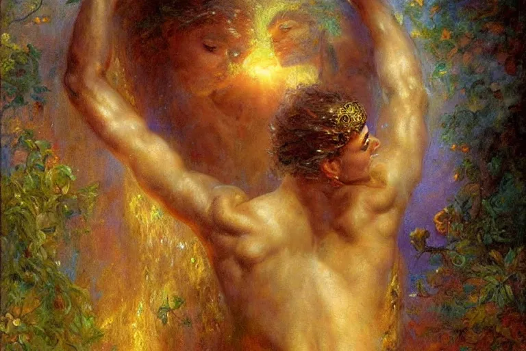 Image similar to portrait of the personification of the sun, god of all things. art by gaston bussiere.