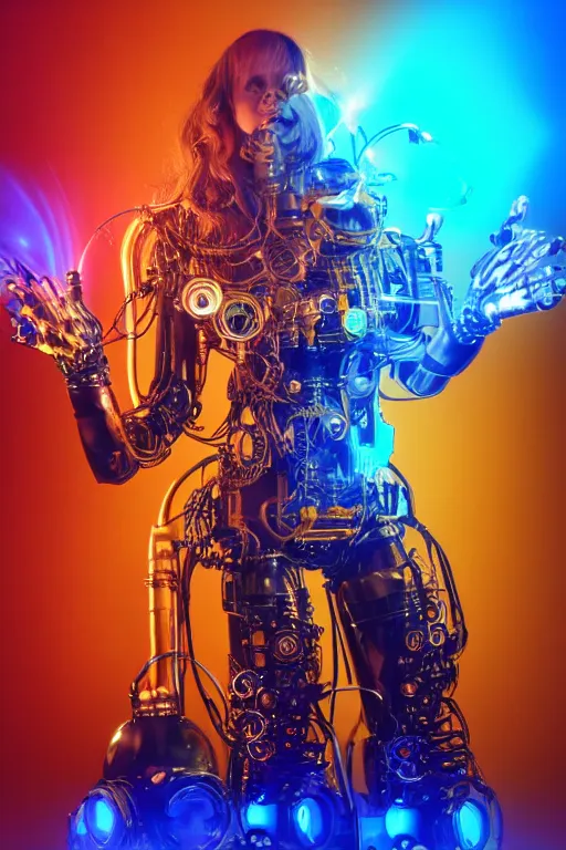 Image similar to portrait photo of a giant huge golden and blue metal humanoid steampunk cyborg female singer with a human face and gears and tubes, in the foreground is a big red glowing microphone, eyes are glowing red lightbulbs, shiny crisp finish, 3 d render, 8 k, insaneley detailed, fluorescent colors, background is multicolored lasershow