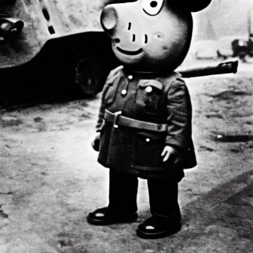 Image similar to Peppa Pig as a soldier in World War II, ww2, black and white photo, 1940