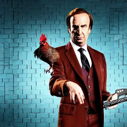 Image similar to saul goodman and a rooster in a saw movie torture chamber, saw movie jigsaw background, saul goodman, rooster, photo