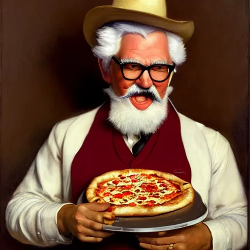 Prompt: colonel sanders eating many pizza, highly detailed painting by gaston bussiere, craig mullins, j. c. leyendecker, 8 k