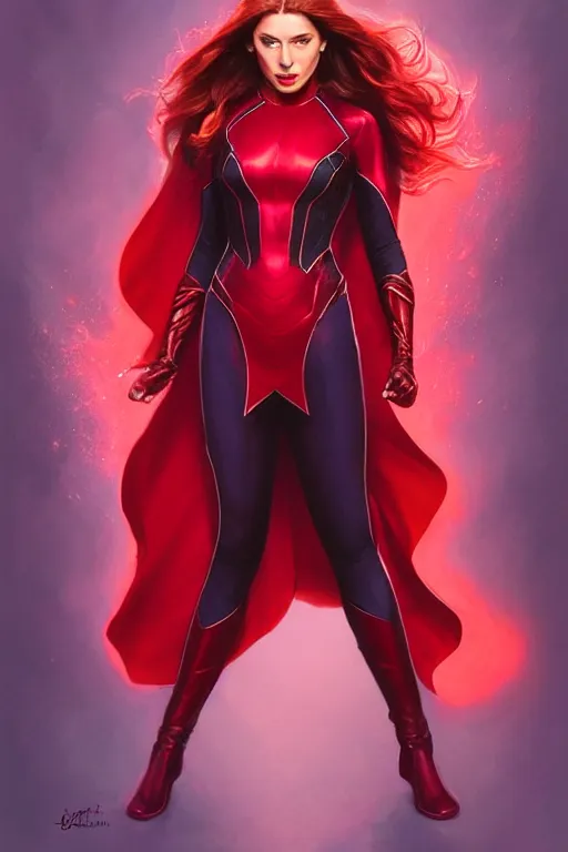 Image similar to Karan Johar as Scarlet Witch, Scarlet Witch costume, villany, portrait, masculine figure, highly detailed, digital painting, artstation, concept art, smooth, sharp focus, illustration, cinematic lighting, art by artgerm and greg rutkowski and alphonse mucha