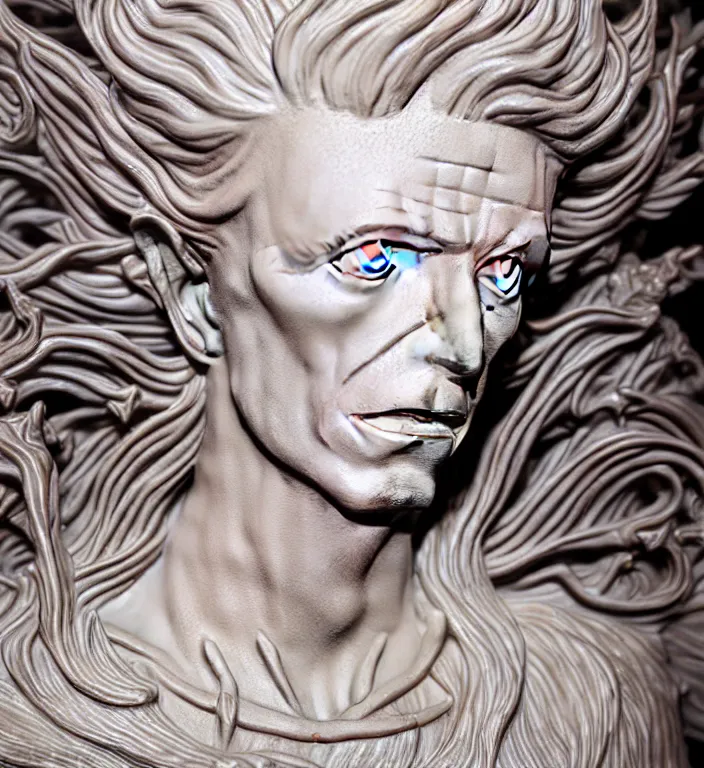 Image similar to David Bowie from labyrinth , A Close up photo-real delicate ceramic porcelain sculpture of a symmetrical ornate detailed in front of an intricate background by Victo Ngai and takato yamamoto, micro detail, backlit lighting, face in focus, subsurface scattering, translucent, thin porcelain, octane renderer, colorful, physically based rendering, japanese pottery, trending on cgsociety