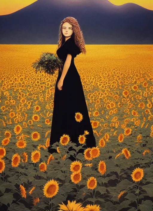 Image similar to oil painting portrait of a young woman with long dark flowing hair in a black dress, standing in a windy field of sunflowers at sunset with mountains in the background, hazy, digital art, chiaroscuro, artstation, cinematic, golden hour, digital art painting by greg rutkowski, bouguereau, 7 0 s japanese book art, hazy atmosphere, flowers, cinematic lighting