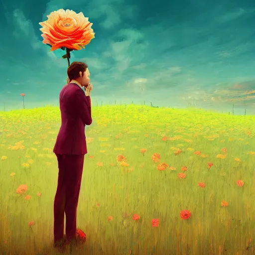 Image similar to giant rose flower head, frontal, girl in a suit, surreal photography, sunrise, dramatic light, impressionist painting, digital painting, artstation, simon stalenhag