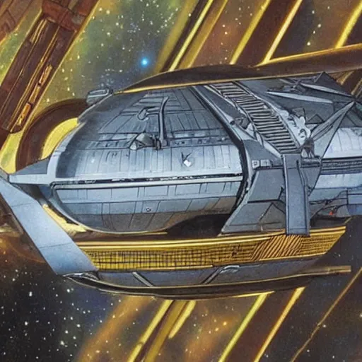 Image similar to starship enterprise docked at a space station, highly detailed 1 9 7 0 s scifi art