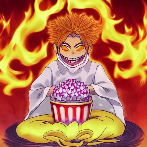 Image similar to fluffy strange popcorn elemental spirit manga character with a smiling face and flames for hair, sitting on a lotus flower, clean composition, symmetrical