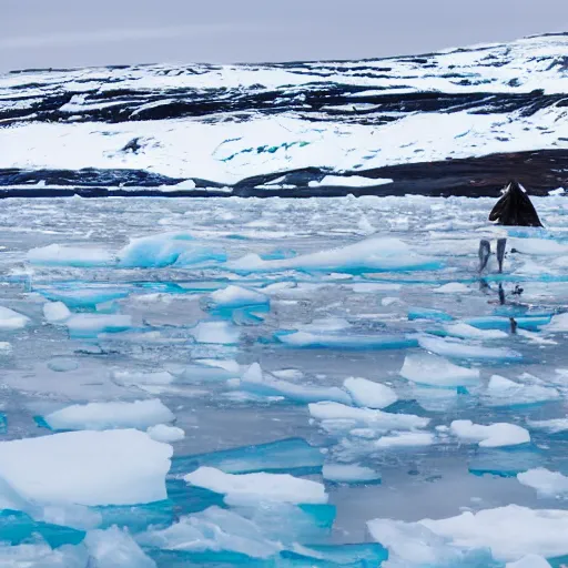 Image similar to portrait of an indigenous inuit standing on ice in the arctic tundra littered with plastic bottles