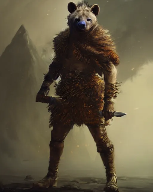 Prompt: oil painting of Anthropomorphized Angry Hyena Warrior, wearing fur cloak, sharp focus, holding Sabre, heroic pose, fantasy style, octane render, volumetric lighting, 8k high definition, by greg rutkowski, highly detailed, trending on art Station, magic the gathering artwork, Battlefield backround, centered