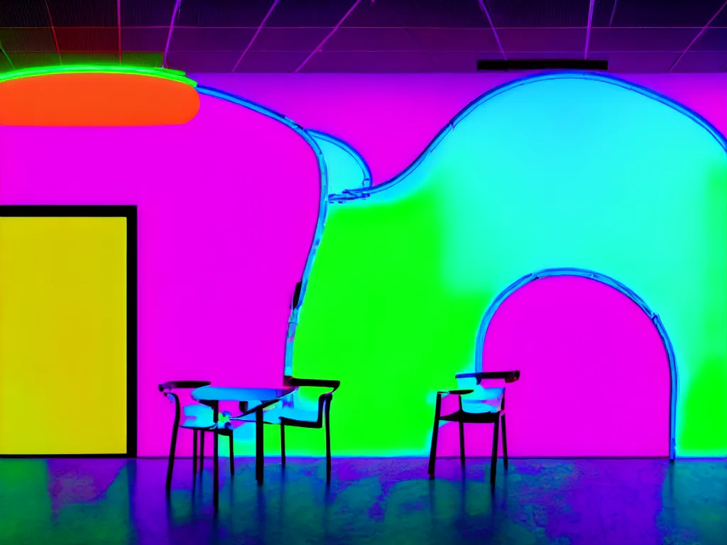 Image similar to room with overlaping curved translucent screens projecting art, large colorful art, pixel perfect image, high contrast, volumetric lighting, tiny neon light, chair, user, pair of keys