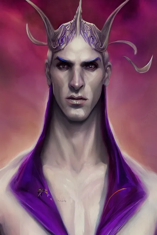 Prompt: male djinn man demon hybrid, portrait, concept art, purple cloak, single face, illustration, costume design, white spiral horns, editorial photo, fashion, hyperrealism, realism, trending on artstation, Charlie Bowater, WLOP