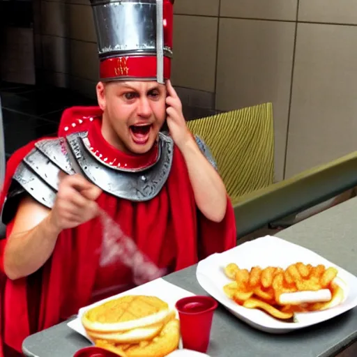 Image similar to roman centurion eating at a mcdonalds, swag