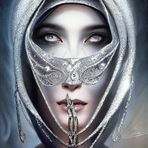 Image similar to a beautiful woman wearing a white niqab made of silver with jewelry and diamonds by alex gray and android jones, karol bak, ayami kojima, arabian, concept art, fantasy