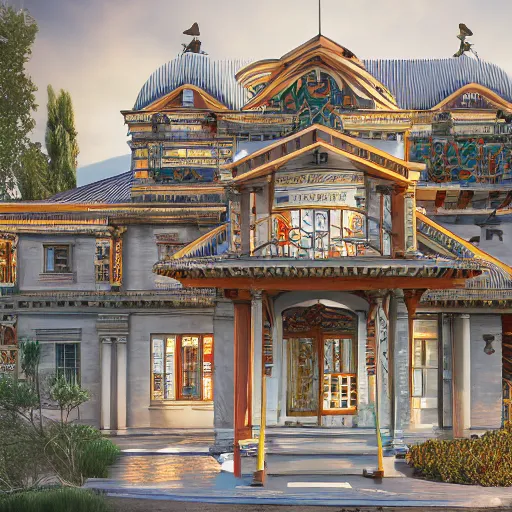 Image similar to contemporary architecture decorated with many slavic ornaments, illustration, hyper realistic, 4 k